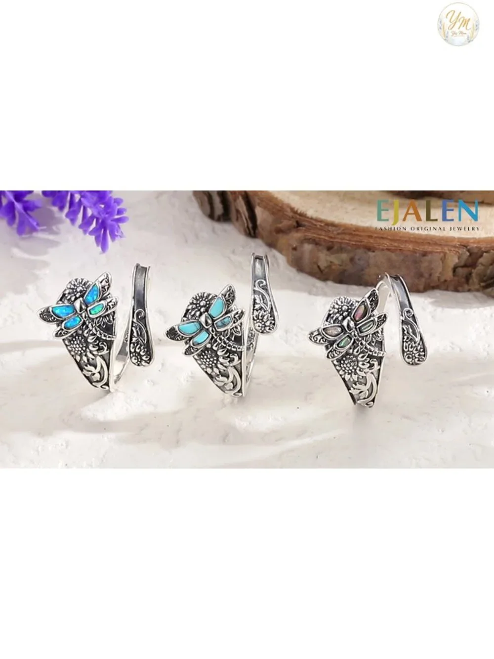S925 Sterling Silver Dragonfly Ring Turquoise Spoon Ring Vintage Wrap Ring